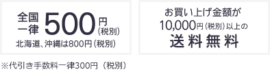 全国一律500円（税別）／お買い上げ金額が10,000円（税別）以上の送料無料